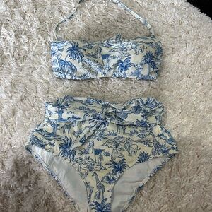 Blue and White Tropical Print Bikini Set